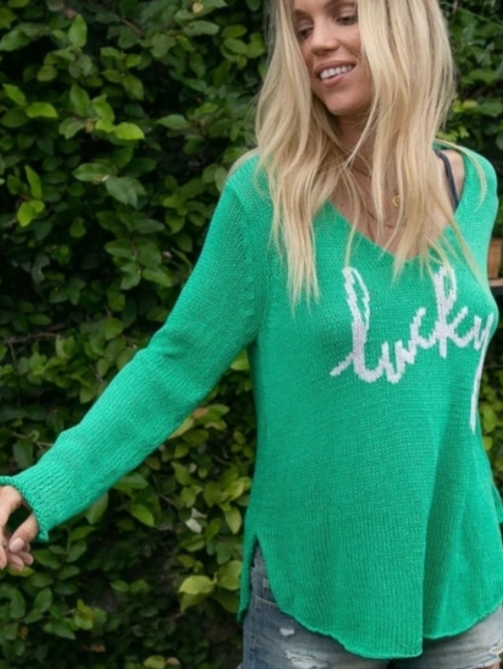 Wooden Ships Lucky Shamrock Clover Green Beachy Open Knit Oversized Sweater S/M